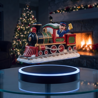 The Polar Express Floating Sleigh levitating above its glowing base by the fireplace